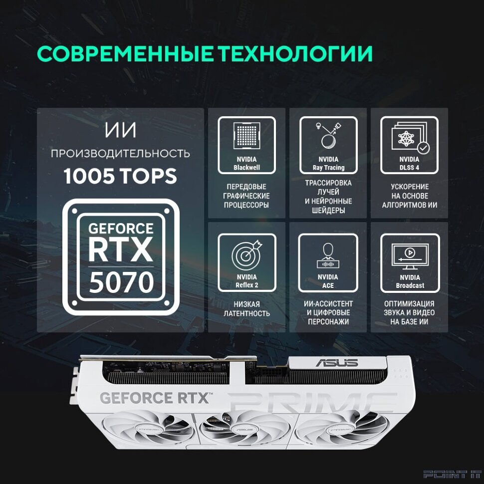 Видеокарта ASUS GeForce RTX 5070 PRIME WHITE OC Edition 12Gb DDR7 192 bit 3*DP/HDMI 3 FAN (PRIME-RTX5070-O12G-WHITE) RTL