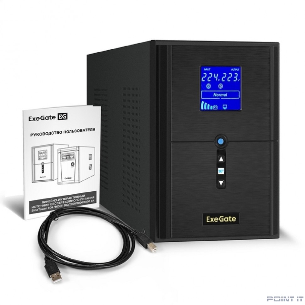 Exegate EX295983RUS ИБП (инвертор, синус, для котла) ExeGate SineTower SN-2000.LCD.AVR.3SH.1C13.RJ.USB <2000VA/1600W, чистая синусоида, LCD дисплей, AVR, 3*Schuko+1*C13, RJ45/11, USB, линейно-интеракт