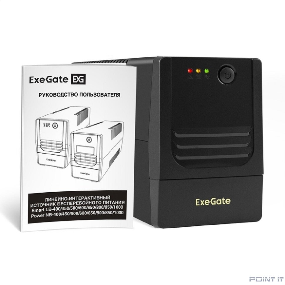 Exegate EX299484RUS ИБП ExeGate Power NB-650.LED.AVR.2SH (650VA/390W, LED, AVR, 2*Schuko, батарея 12V 7Ah, Black)